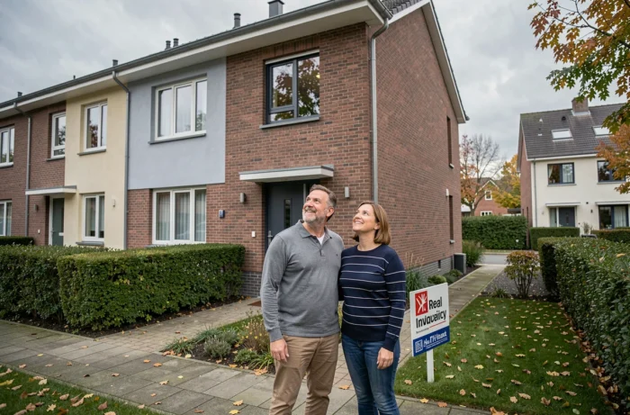 Couple visitant une maison à vendre dans un quartier résidentiel français en automne