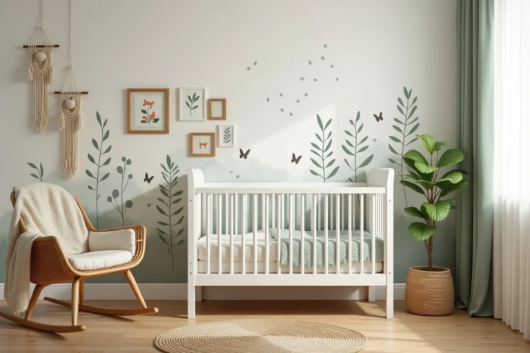 Coin chambre bébé décoré avec un berceau en bois blanc, une fresque murale forêt peinte à la main et des suspensions en macramé artisanales