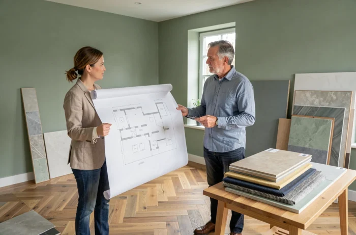 Designer de interiores apresentando os planos de reforma a um proprietário em uma sala em reforma