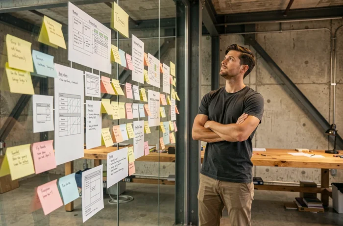Designer UX debout devant une verrière avec une architecture de navigation en post-it dans un studio créatif