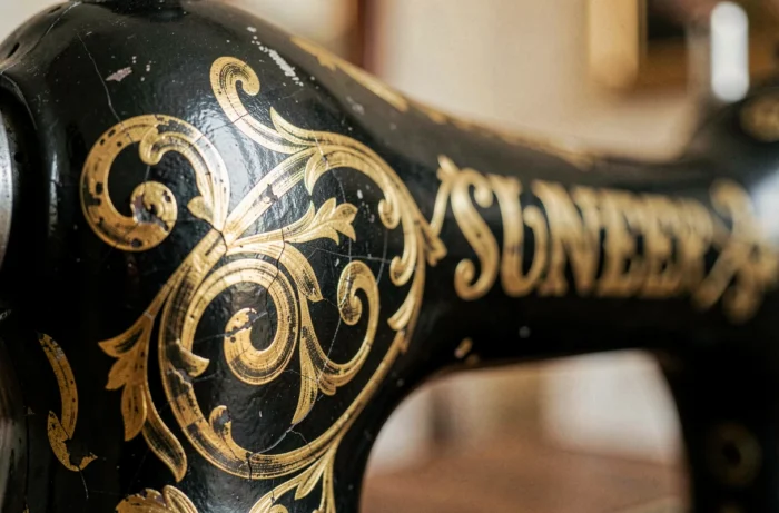 Close-up van de vergulde motieven en decoratieve arabesken van een vintage Singer naaimachine in zwart gietijzer