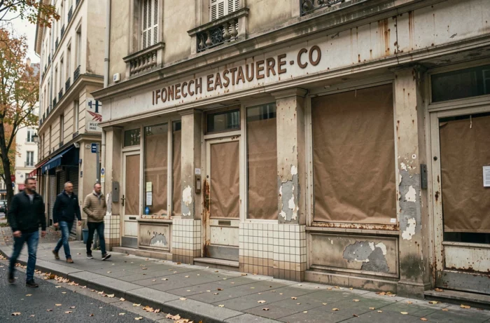 Devanture abandonnée d'une ancienne grande chaîne de restaurants française avec enseigne délavée sur un boulevard parisien en automne