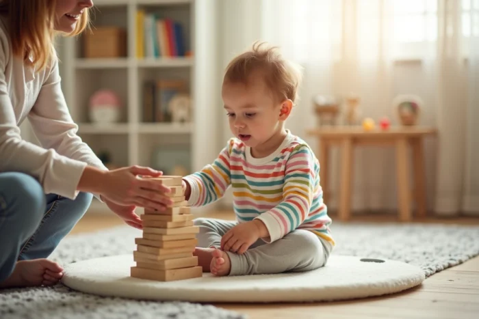 Tout-petit jouant avec des blocs en bois guidé par un adulte, illustrant l'importance du développement de la petite enfance pour la santé