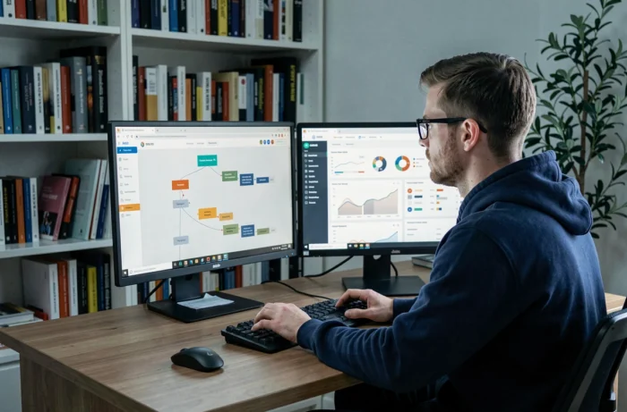 Freelance webontwikkelaar die aan een sitemap en een SEO-dashboard werkt vanuit zijn thuiskantoor