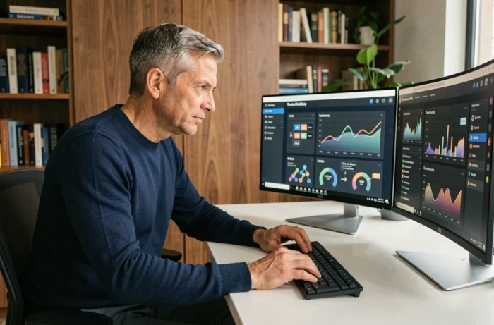 Dirigeant d'entreprise analysant des tableaux de bord numériques pour piloter la transformation digitale de son organisation