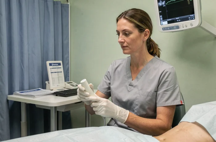 Échographiste réalisant une échographie obstétricale très précoce à 5 semaines sur une patiente en cabinet de radiologie