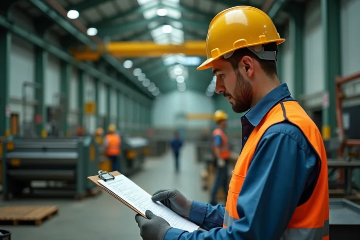 Ouvrier portant des équipements de protection sur un site industriel, représentant les conditions de travail comme déterminant de la santé