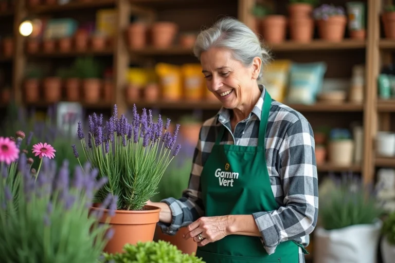 Employée d'un magasin Gamm Vert examinant une plante de lavande en pot dans le rayon jardinage d'une jardinerie française