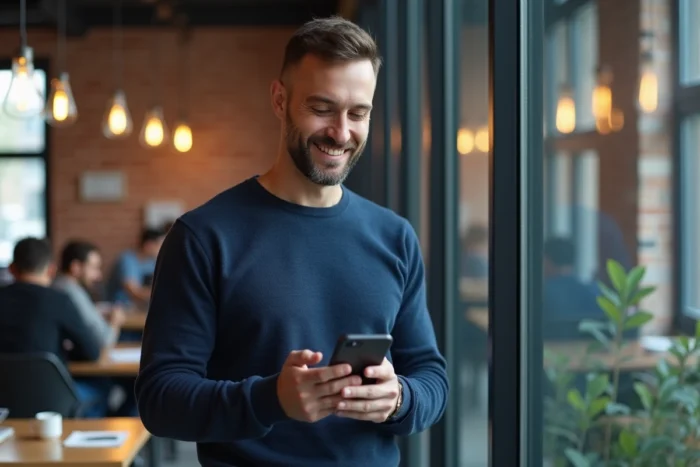 Entrepreneur masculin dans un espace de coworking consultant des données de commerce en ligne sur son smartphone