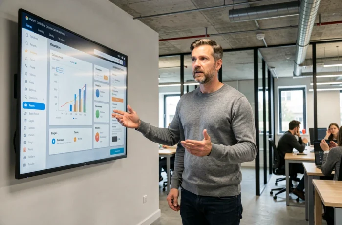 Entrepreneur en numérique présentant un tableau de bord de projet digital dans une startup technologique à Rennes