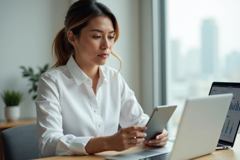 Femme entrepreneureuse travaillant sur son business en ligne depuis un bureau à domicile moderne avec un ordinateur portable