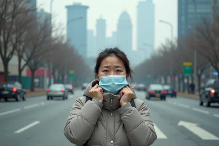 Femme dans une rue urbaine enfumée illustrant l'impact de l'environnement physique et de la qualité de l'air sur la santé