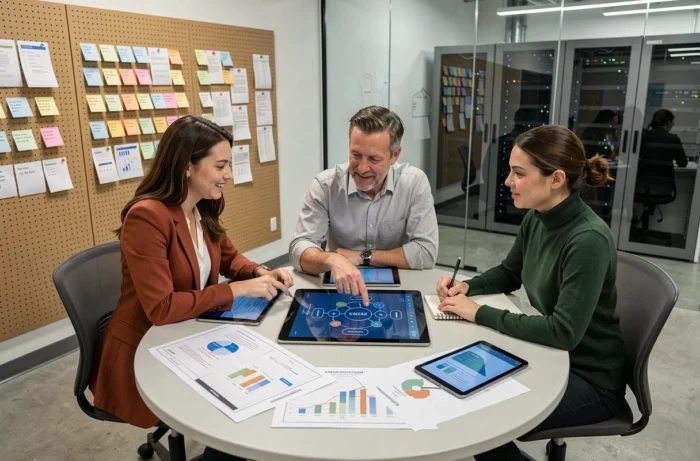 Équipe pluridisciplinaire collaborant autour d'une feuille de route de transformation digitale dans un laboratoire d'innovation technologique