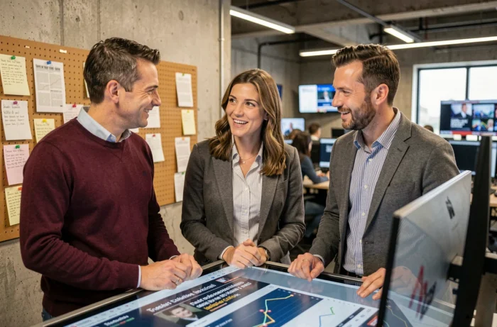 Équipe de journalistes analysant les tendances et actualités sur un écran interactif en salle de rédaction