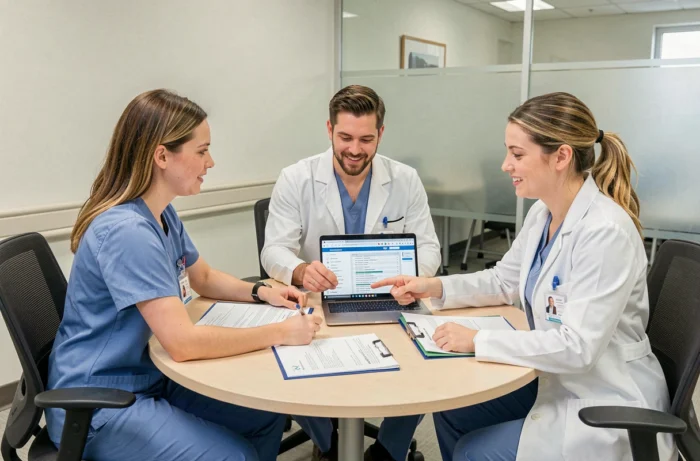 Équipe de professionnels de santé collaborant autour de ressources médicales partagées lors d'une réunion en salle de conférence hospitalière