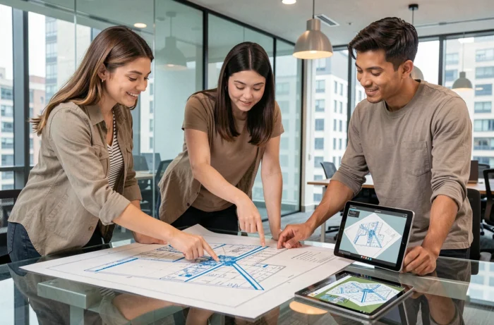 Team van urbanisten die een 3D-sitemap bespreken, gedrukt en digitaal, in een vergaderruimte