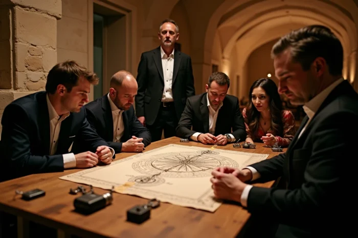 Invités de mariage en tenue de soirée participant à un escape game éphémère dans une salle de réception historique à Lyon