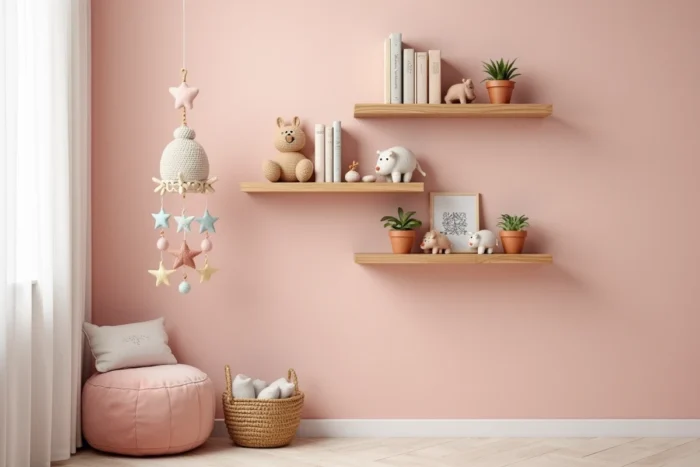 Étagères décoratives en pin naturel dans une chambre bébé avec jouets en bois vintage, plantes aériennes et mobile en feutrine pastel