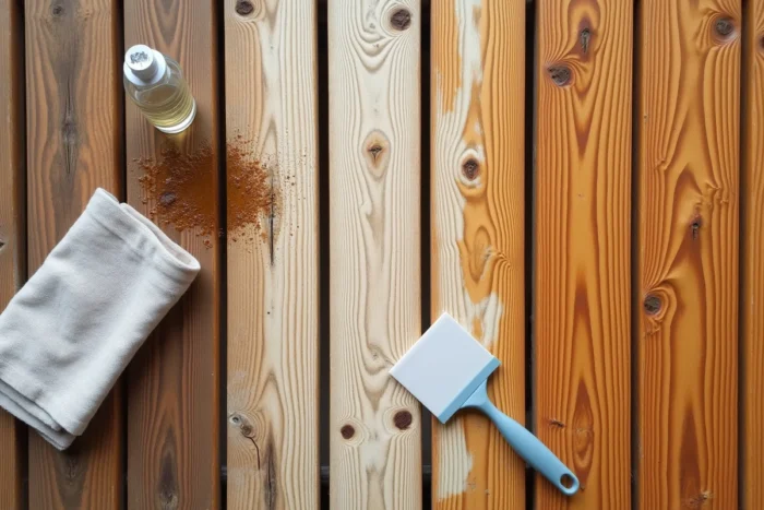 Gros plan sur des étapes de nettoyage de résine de pin sur des lames de terrasse en bois avec outils