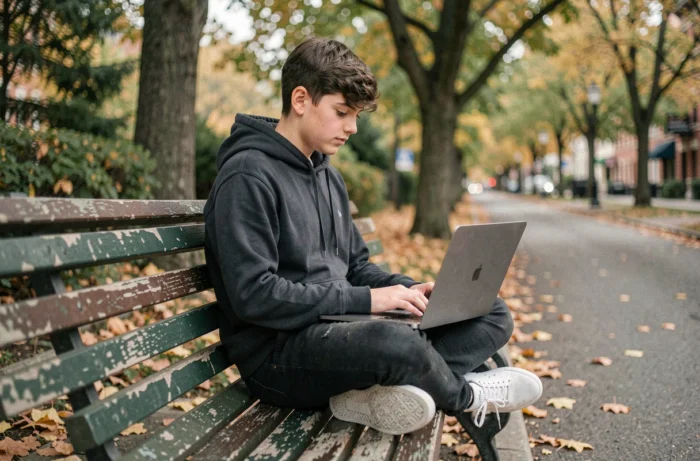 Étudiant connecté au Wi-Fi gratuit Free en plein air sur un banc de parc avec son ordinateur portable