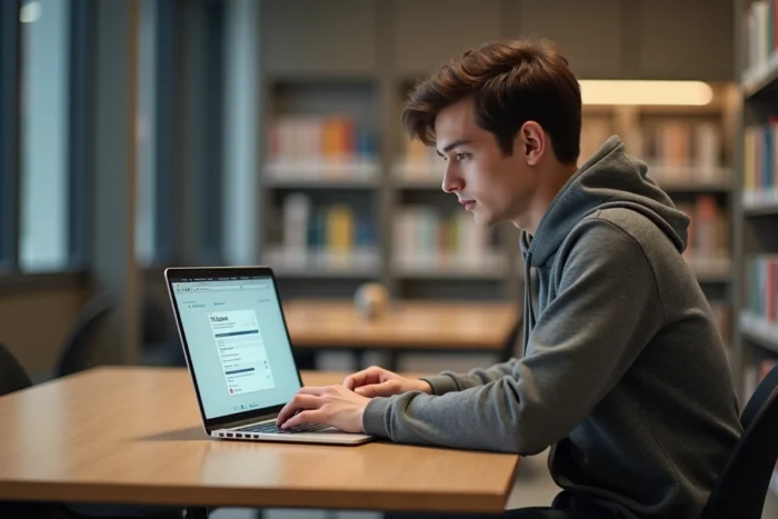 Étudiant consultant le portail eCandidat UPEC Créteil dans une bibliothèque universitaire moderne