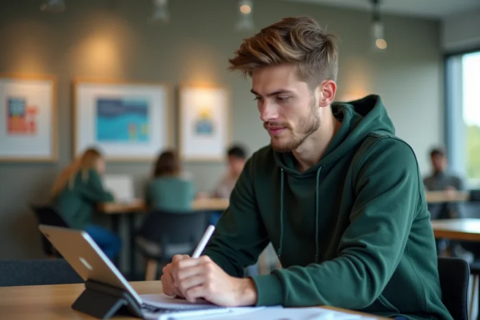 Étudiant utilisant une tablette pour accéder à la messagerie académique Aix-Marseille dans un espace commun universitaire