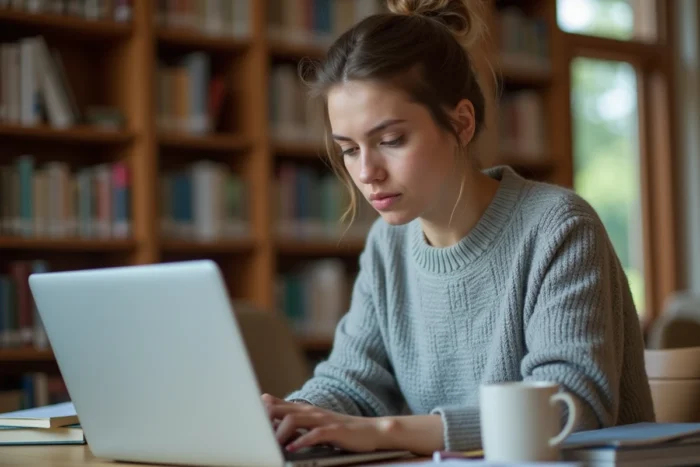 Étudiante universitaire utilisant une messagerie académique sur son ordinateur portable dans une bibliothèque