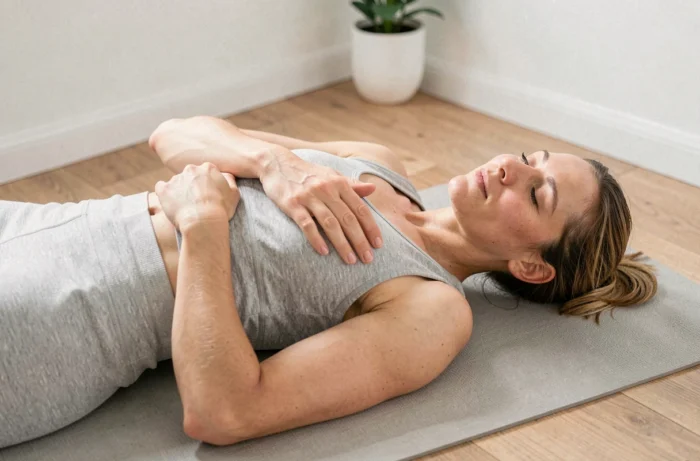 Femme pratiquant la respiration diaphragmatique allongée sur un tapis de yoga à domicile, mains posées sur le ventre et la poitrine