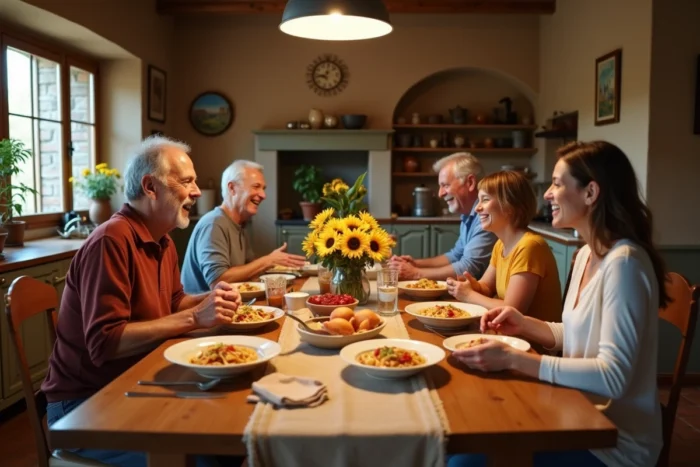 Famille d'origine italienne réunie autour d'un repas traditionnel dans une cuisine de campagne