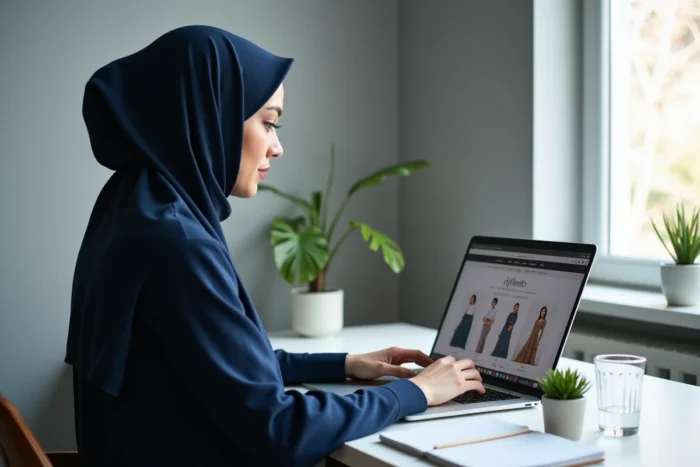 Femme portant une abaya bleue marine qui compare des modèles de djilbeb sur un site e-commerce depuis son bureau
