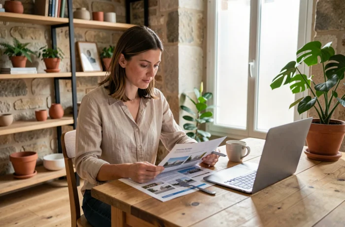 Femme consultant des annonces immobilières sur ordinateur portable dans un appartement parisien lumineux
