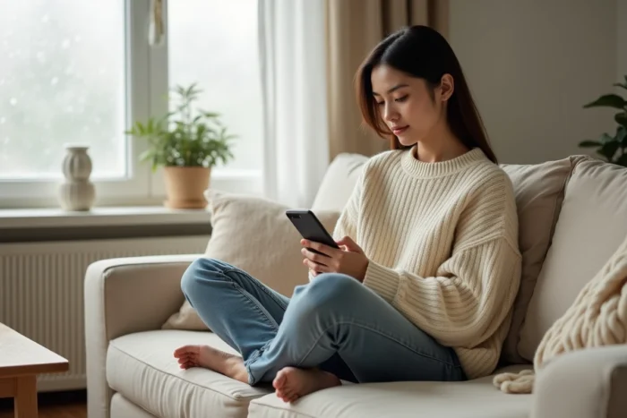 Jeune femme consultant un annuaire de professionnels de beauté sur smartphone depuis son salon
