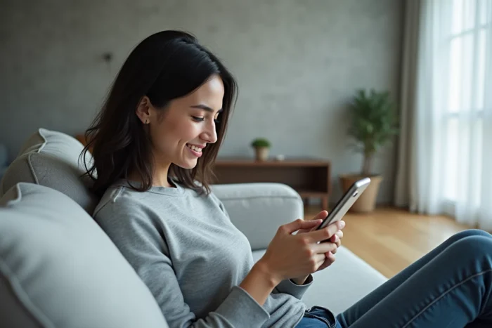 Femme utilisant une application de streaming sur smartphone dans un salon moderne et minimaliste