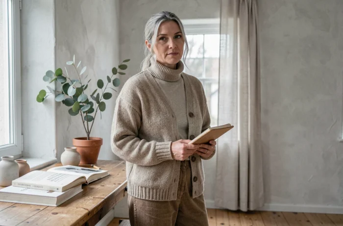 Femme aux cheveux naturels portant un cardigan en laine artisanale dans un intérieur scandinave minimaliste illustrant la mode lente et durable au quotidien.