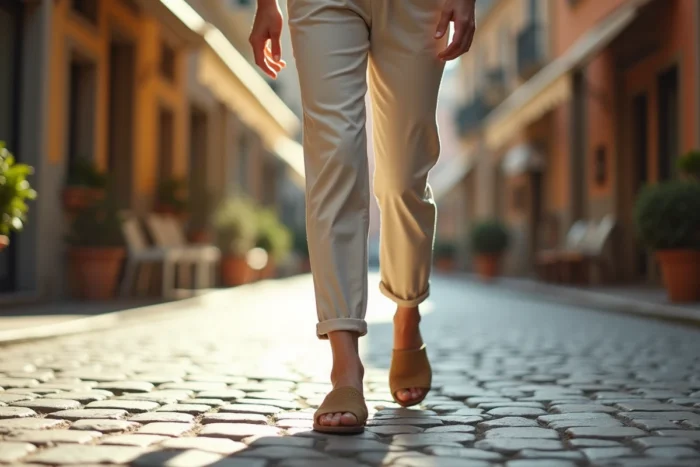 Femme portant des chaussures Dr Scholl confortables marchant sur des pavés dans une rue de ville européenne, allure décontractée et assurée
