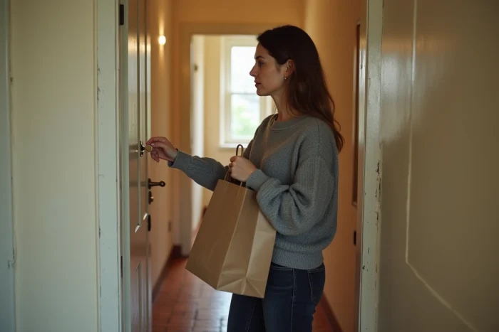 Femme insérant une clé dans un verrou de porte d'appartement dans un couloir d'immeuble urbain