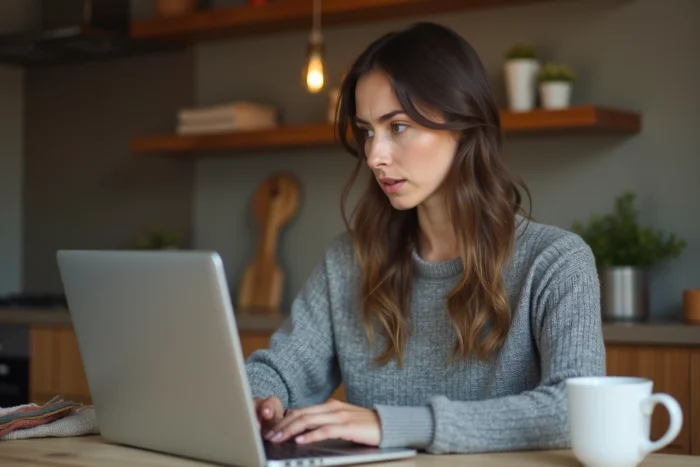 Femme consultant son compte Mangopay sur un ordinateur portable à la maison pour débloquer ses fonds Vinted