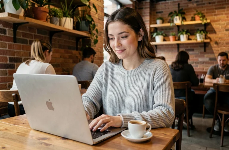 Jeune femme connectée au Wi-Fi gratuit Free dans un café moderne avec son ordinateur portable
