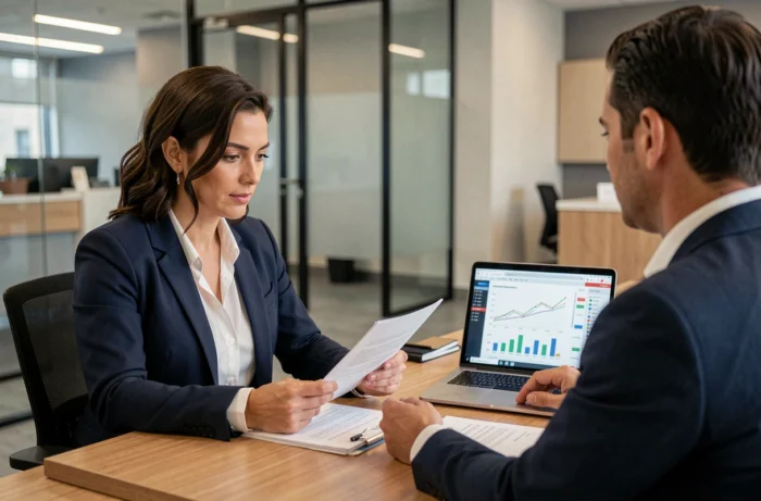 Une femme professionnelle en rendez-vous avec un conseiller bancaire dans une agence moderne, examinant des documents financiers