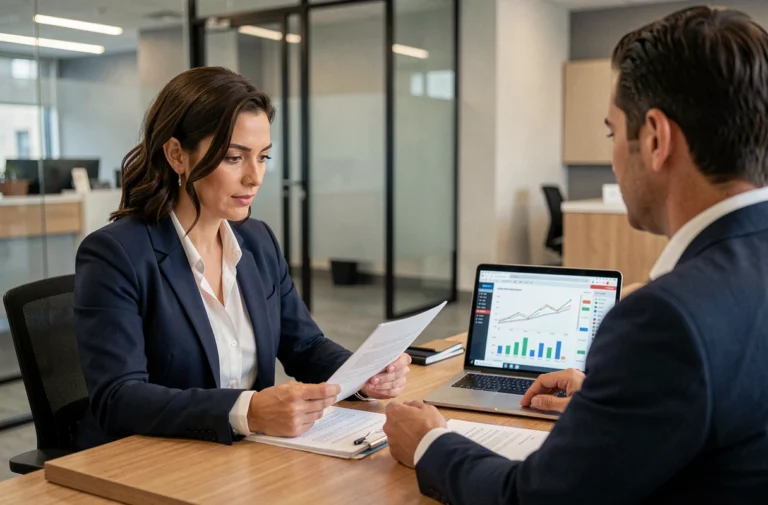 Une femme professionnelle en rendez-vous avec un conseiller bancaire dans une agence moderne, examinant des documents financiers