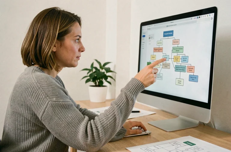 Femme consultant un diagramme de sitemap web sur un écran d'ordinateur dans un bureau minimaliste