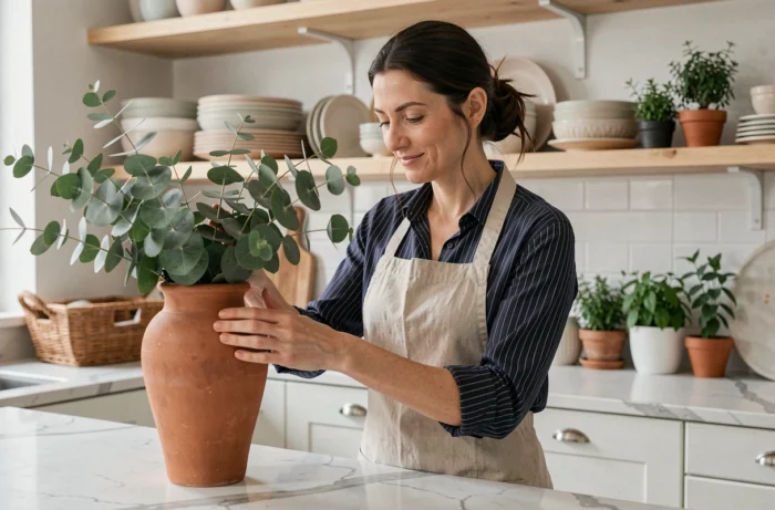Femme française arrangeant des branches d'eucalyptus dans un vase en terre cuite sur un comptoir en marbre dans une cuisine décorée avec soin