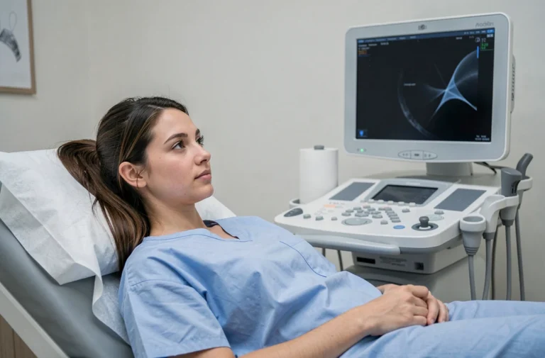Femme enceinte allongée lors d'une échographie précoce en cabinet médical, regardant l'écran de l'appareil à ultrasons