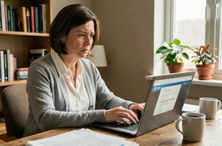 Femme tapant un email sur son ordinateur portable dans un bureau à domicile pour contacter un expert de la CAF