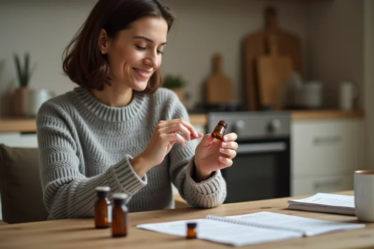 Femme examinant un flacon d'isothérapie homéopathique à une table en bois, entouré de petits flacons en verre ambré et de documents de santé