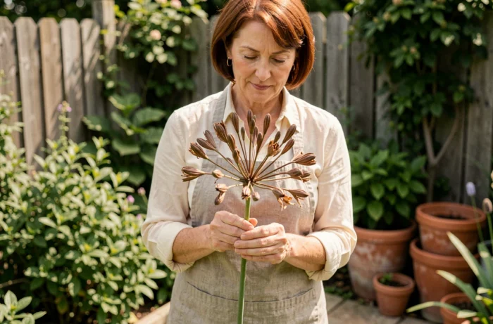 Femme jardinière tenant une fleur d'agapanthe fanée avec des gousses de graines séchées dans un jardin rustique