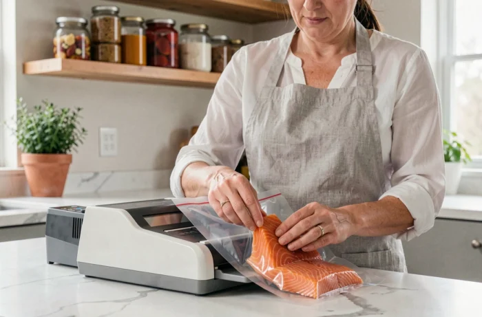 Femme utilisant la Magic Vac Maxima 2 pour mettre sous vide des filets de saumon frais dans une cuisine moderne en marbre blanc