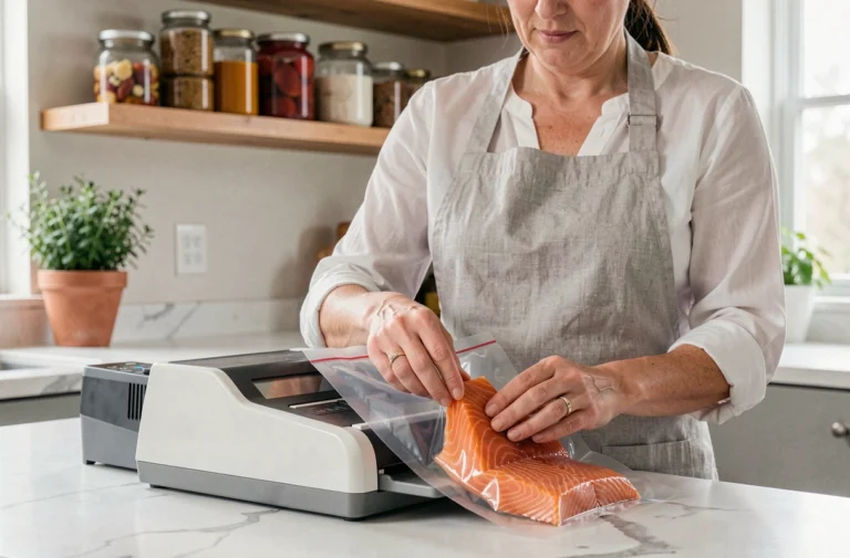 Femme utilisant la Magic Vac Maxima 2 pour mettre sous vide des filets de saumon frais dans une cuisine moderne en marbre blanc