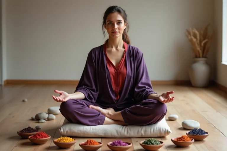 Femme en méditation entourée de bols colorés représentant les sept chakras, vêtements aux teintes violet, indigo et rouge