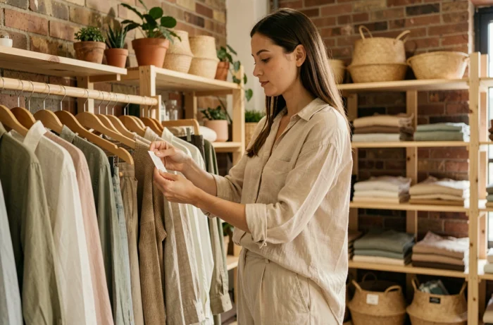 Femme en tenue éthique en lin naturel explorant des vêtements durables dans une boutique de mode responsable au décor artisanal en bois et plantes.